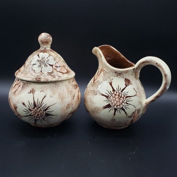 Ceramic Brown Beige Light Pink Floral Glaze Large Hobbiest Cream & Sugar Set - Picture 1 of 10
